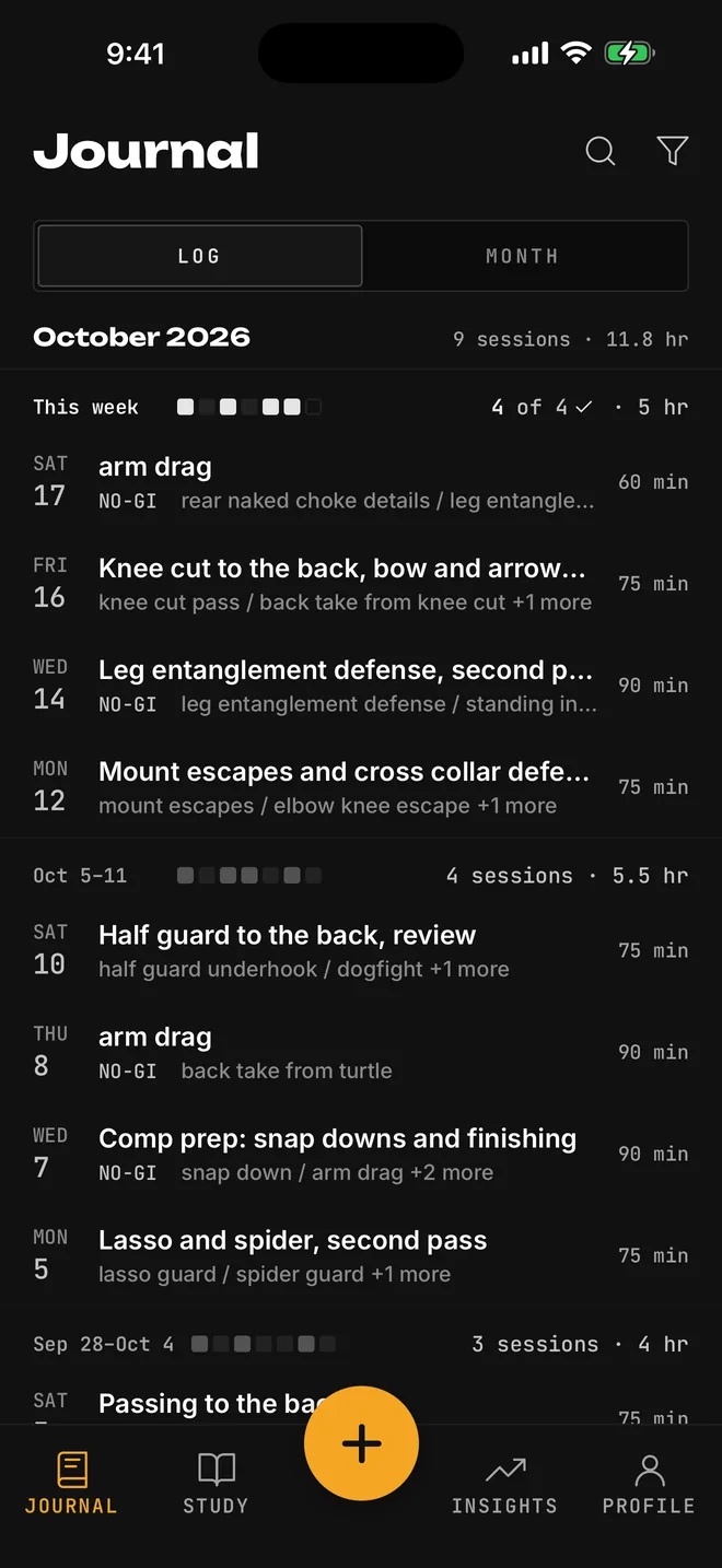 TOMO journal listing this week's classes, newest first, with a Log and Month toggle and a search button