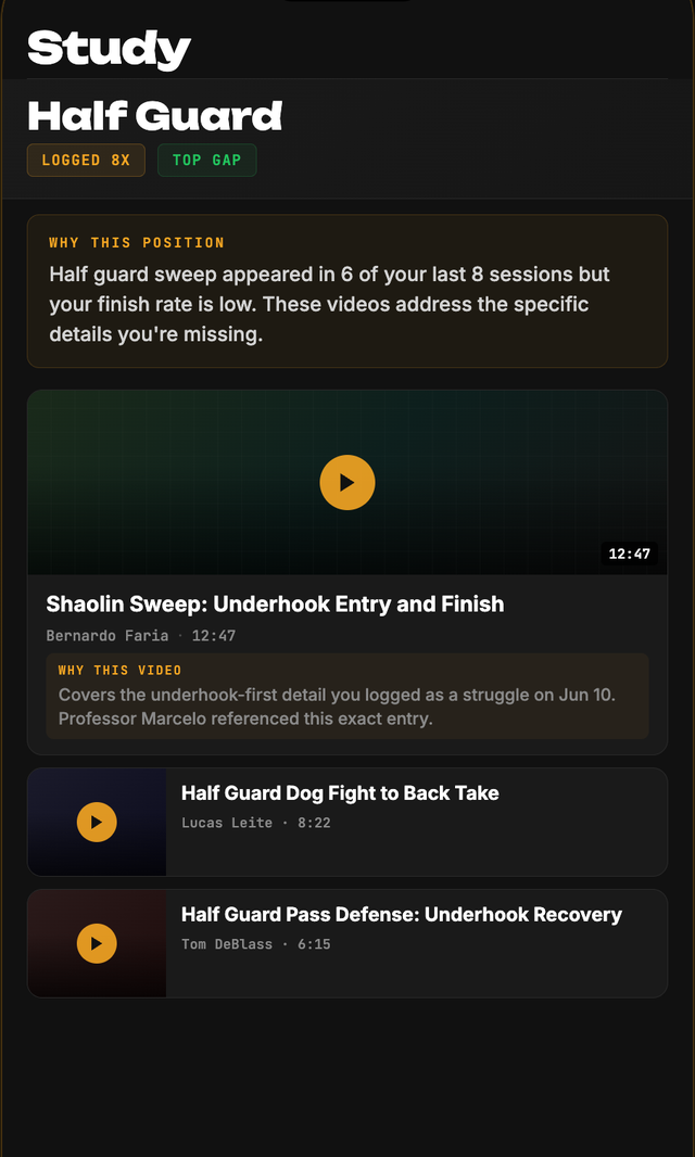 TOMO Study screen for half guard: why this position was picked, three technique videos, and a note on why each video was chosen