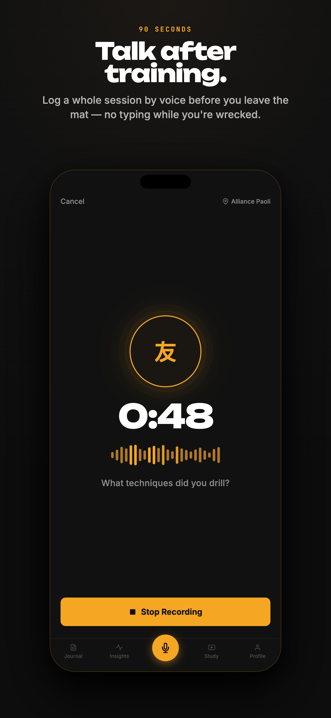 TOMO recording screen showing an active voice session with a live waveform, session timer, and the prompt 'How did your rolls go?'