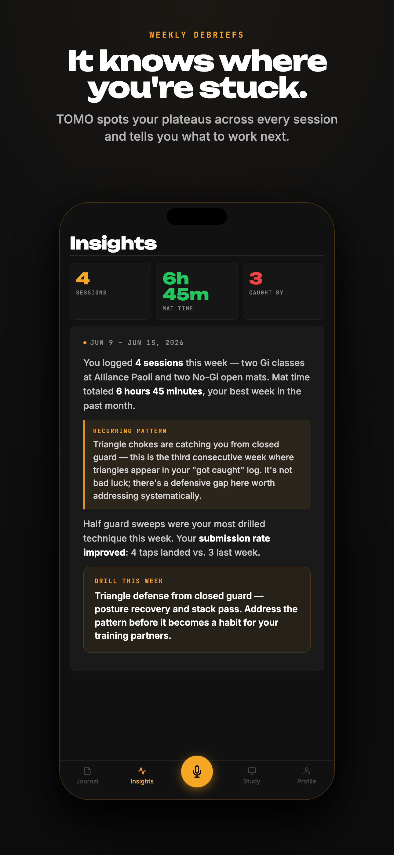 TOMO weekly debrief screen showing a personalized training analysis that cites specific sessions, plateau patterns, and techniques from the past week