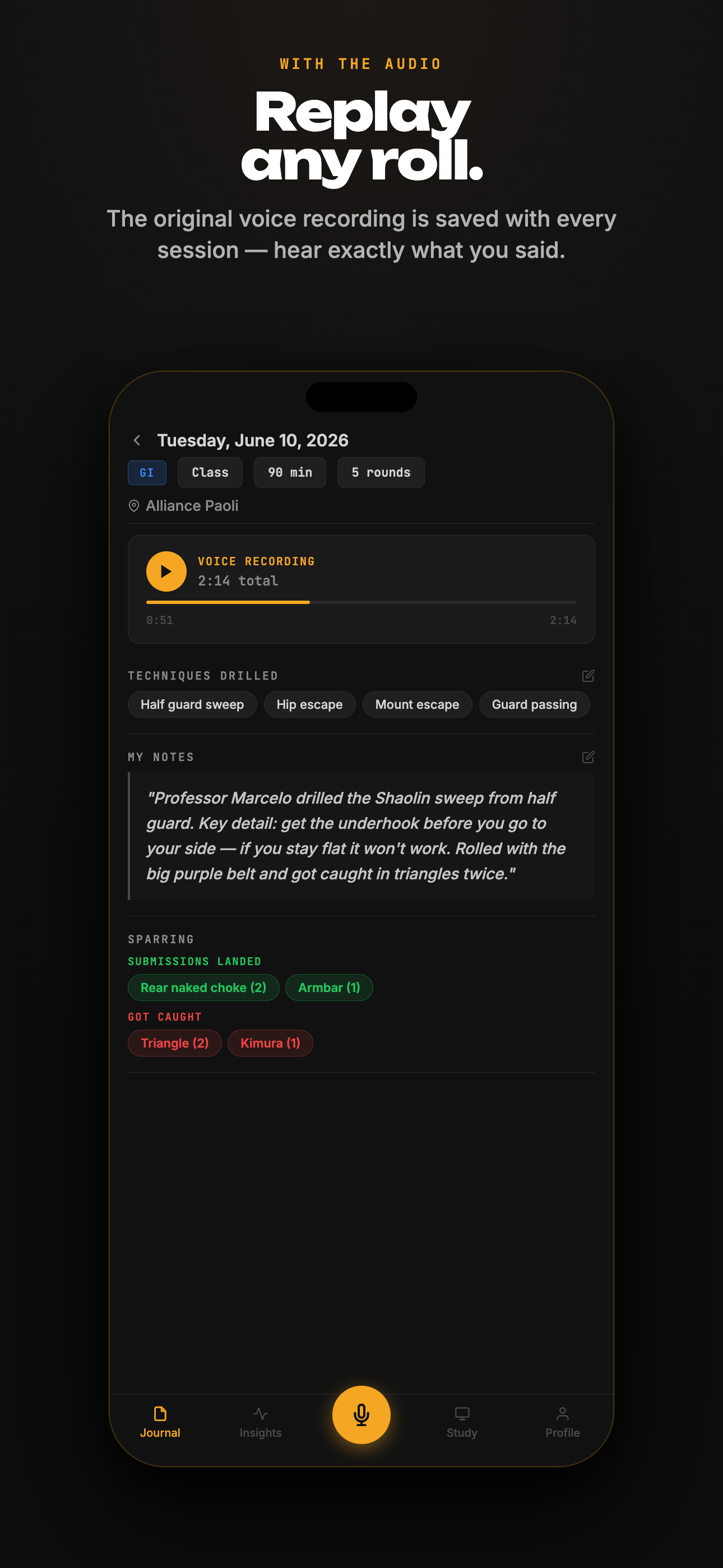TOMO session detail screen showing a saved session with an audio player, extracted techniques, and training notes from a gi sparring session