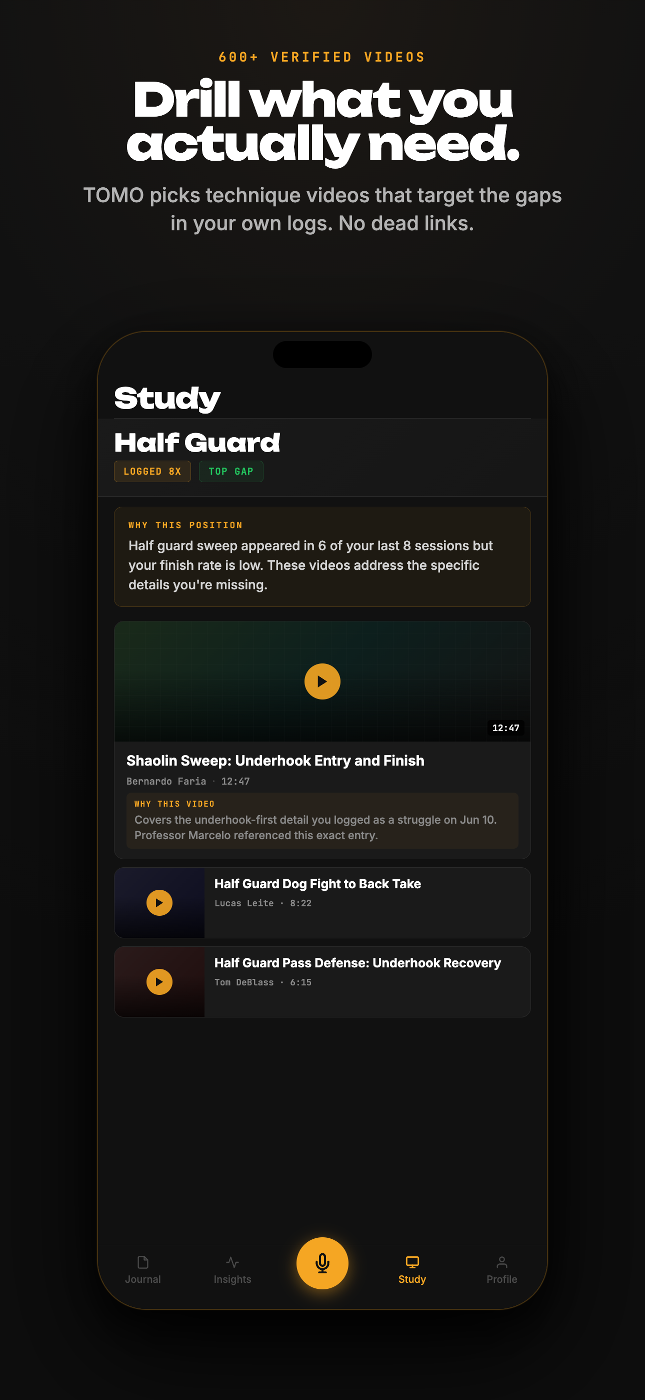 TOMO study library screen showing a grid of technique video cards filtered to guard passing, with hand-verified BJJ instructional content