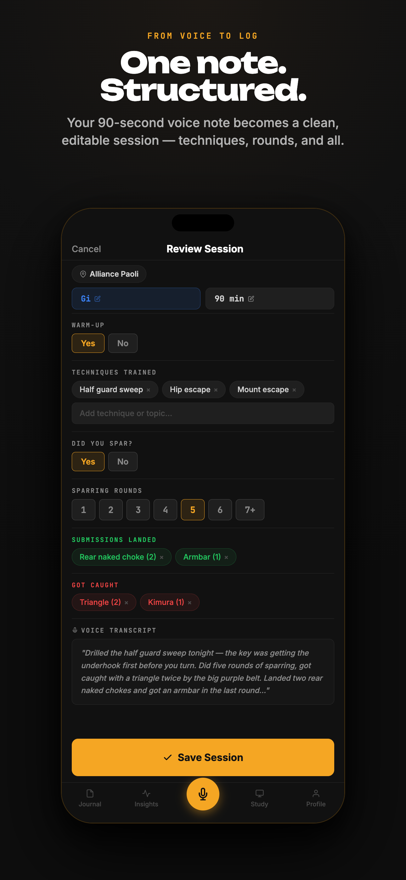 TOMO review screen showing extracted session fields including belt-appropriate training mode, technique list, and session notes after a voice recording