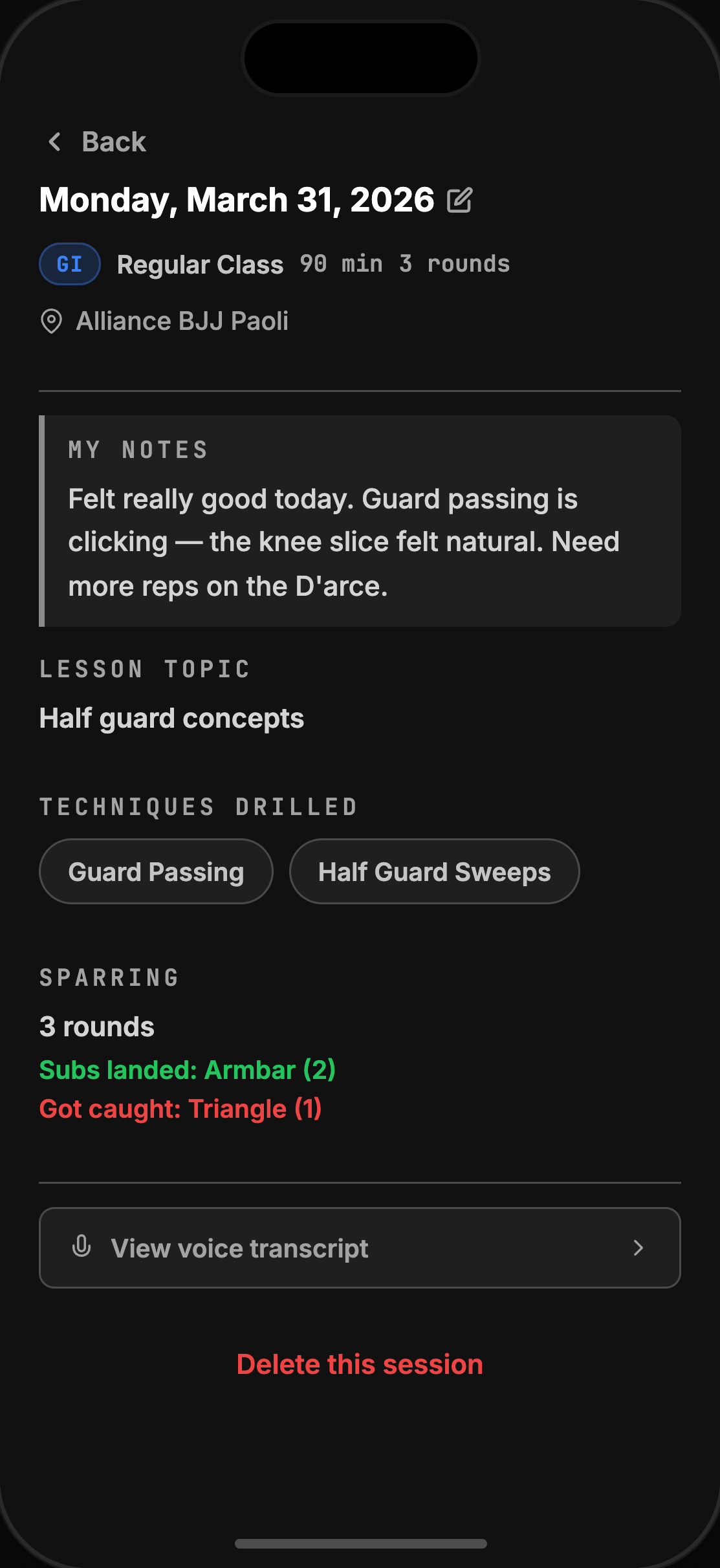 TOMO session detail screen showing a logged training session with the techniques drilled, rounds, and notes