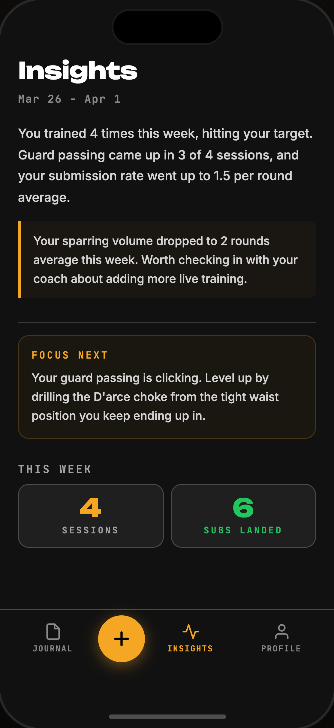 TOMO insights screen showing a weekly debrief that cites specific training sessions by name and flags a recurring pattern