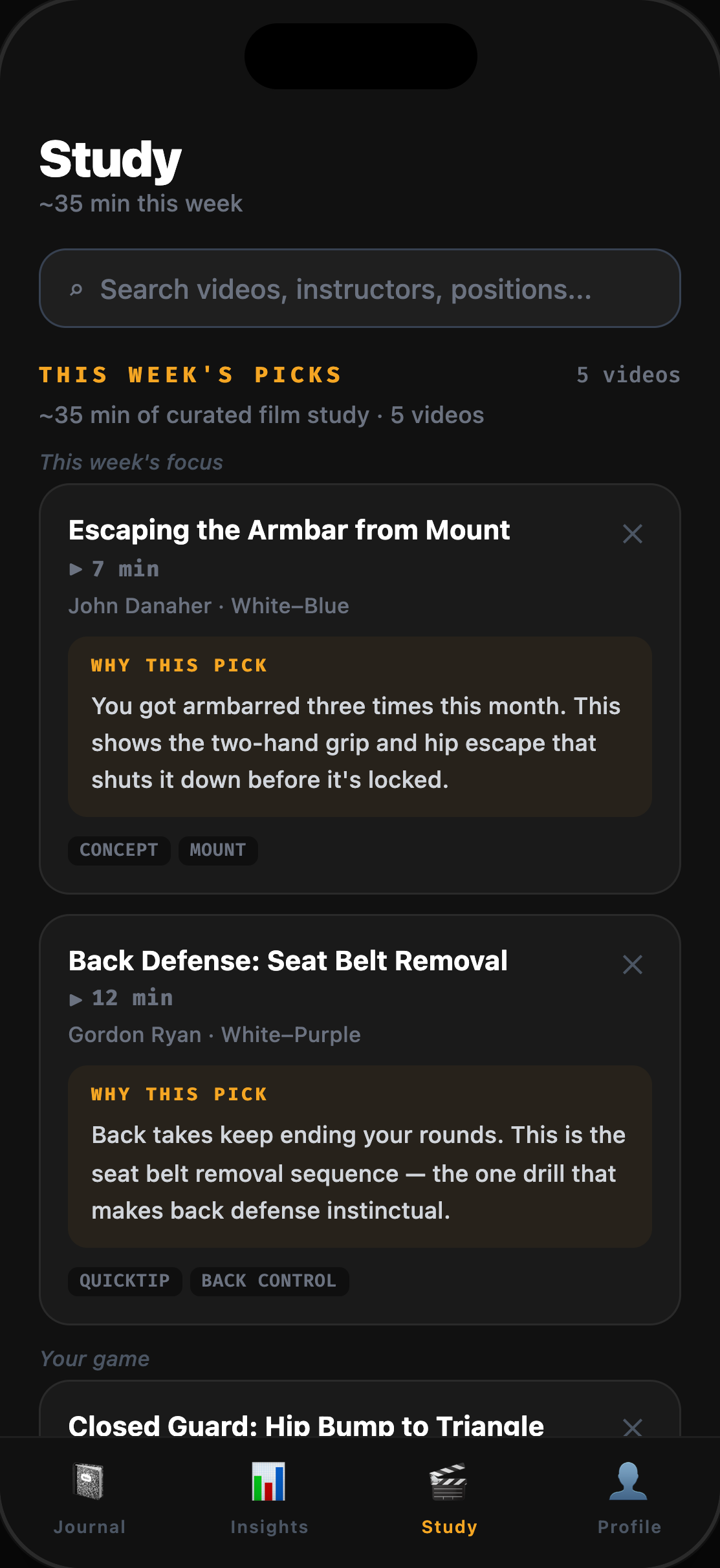 TOMO Study screen showing this week's personalized technique-video picks, each with a 'why this pick' note that ties the recommendation to the user's own logged gaps